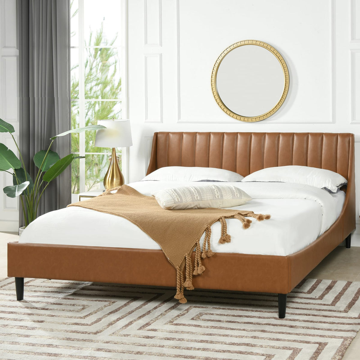 King Size Tan Brown Faux Leather Platform Bed
