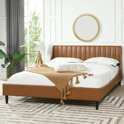 King Size Tan Brown Faux Leather Platform Bed