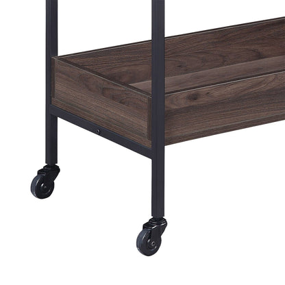 Rectangular Kitchen Cart with 2 Tier Shelf, Walnut and Black for Dining Room Storage