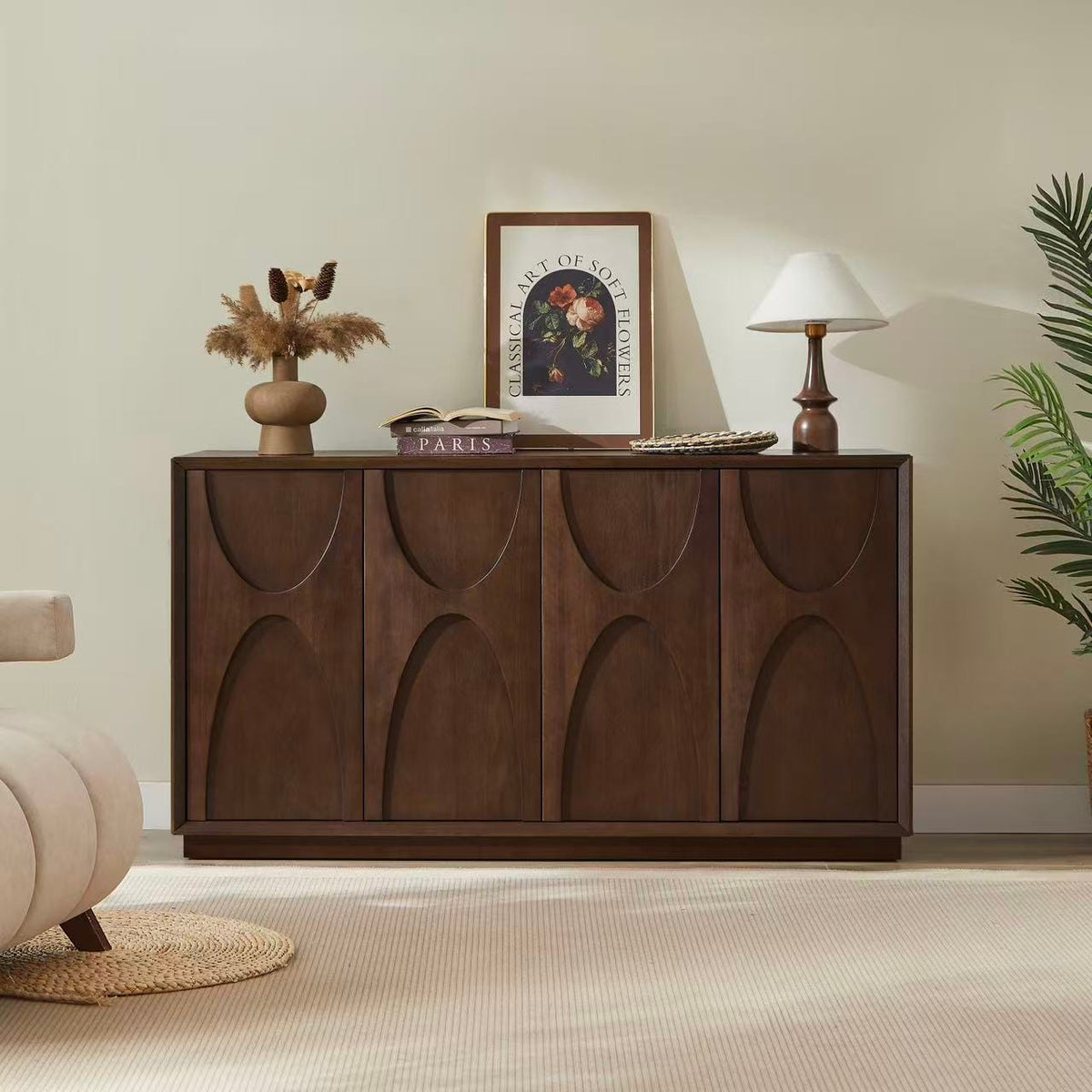 Natural Walnut 4-Door Accent Cabinet - Storage Sideboard