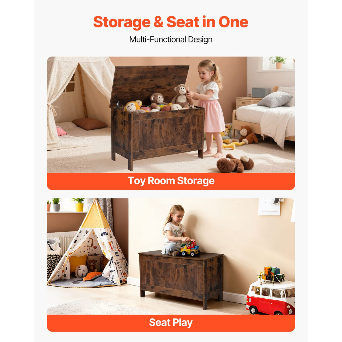Kids Storage Bench - Brown MDF, Large Toy Box Chest