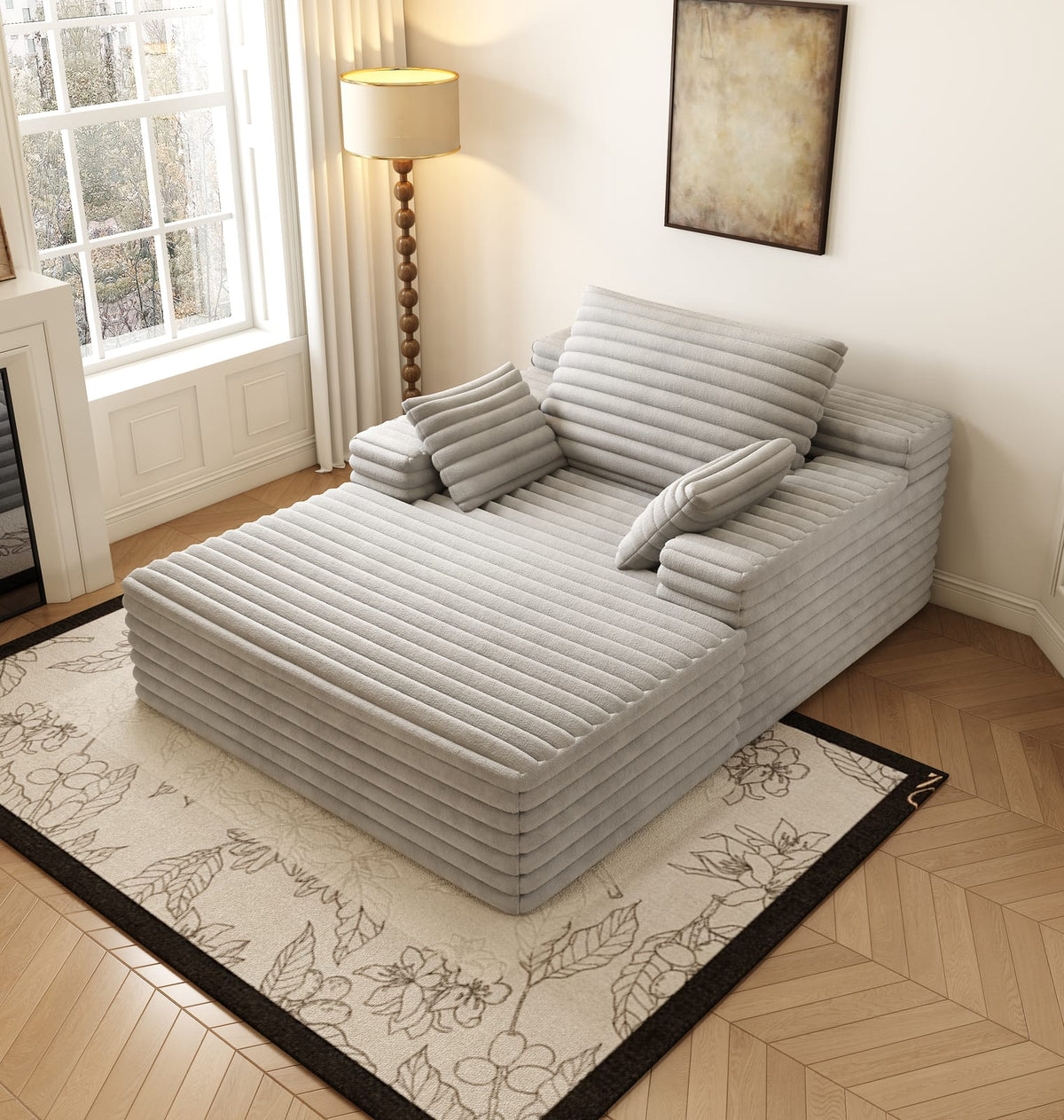 Grey Corduroy Chaise Lounge Sofa - Oversized Sleeper Couch