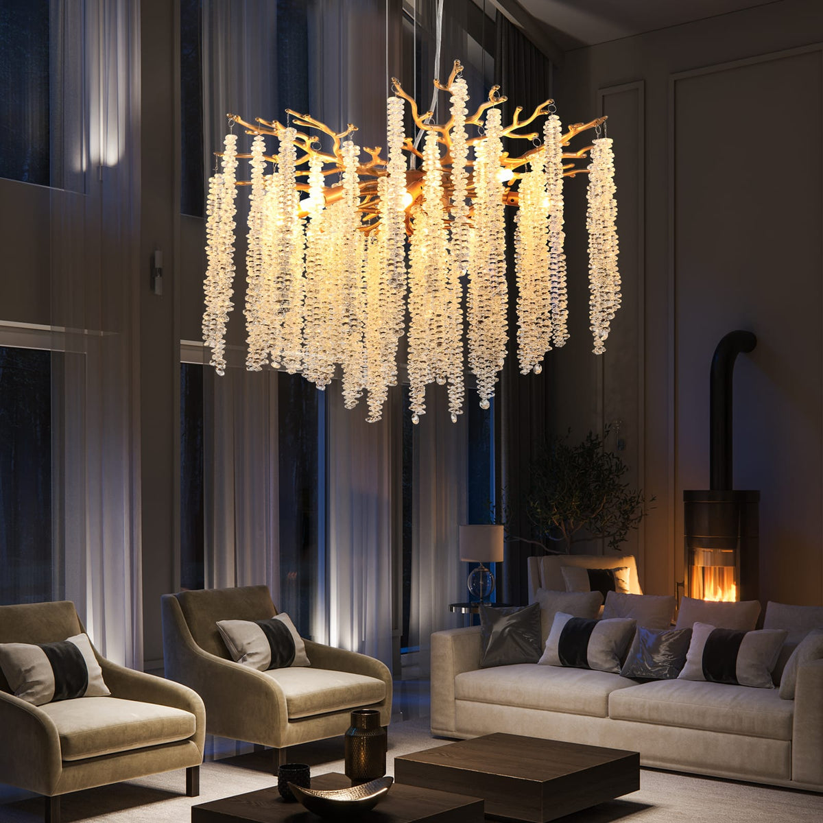 24-inch Modern Golden Pendant Light - Cascading Crystal Strands, Living Room Lighting