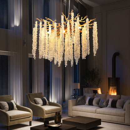 24-inch Modern Golden Pendant Light - Cascading Crystal Strands, Living Room Lighting