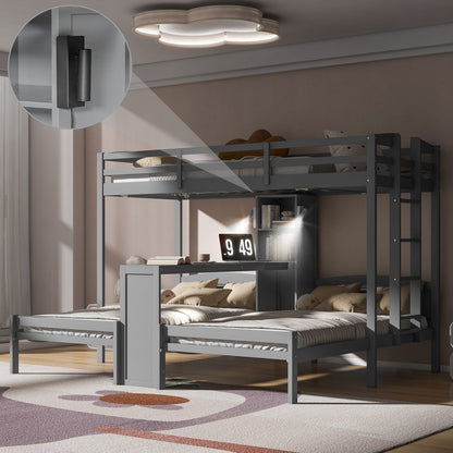 Gray Solid Wood Bunk Bed with Integrated Desk and Storage for Bedroom