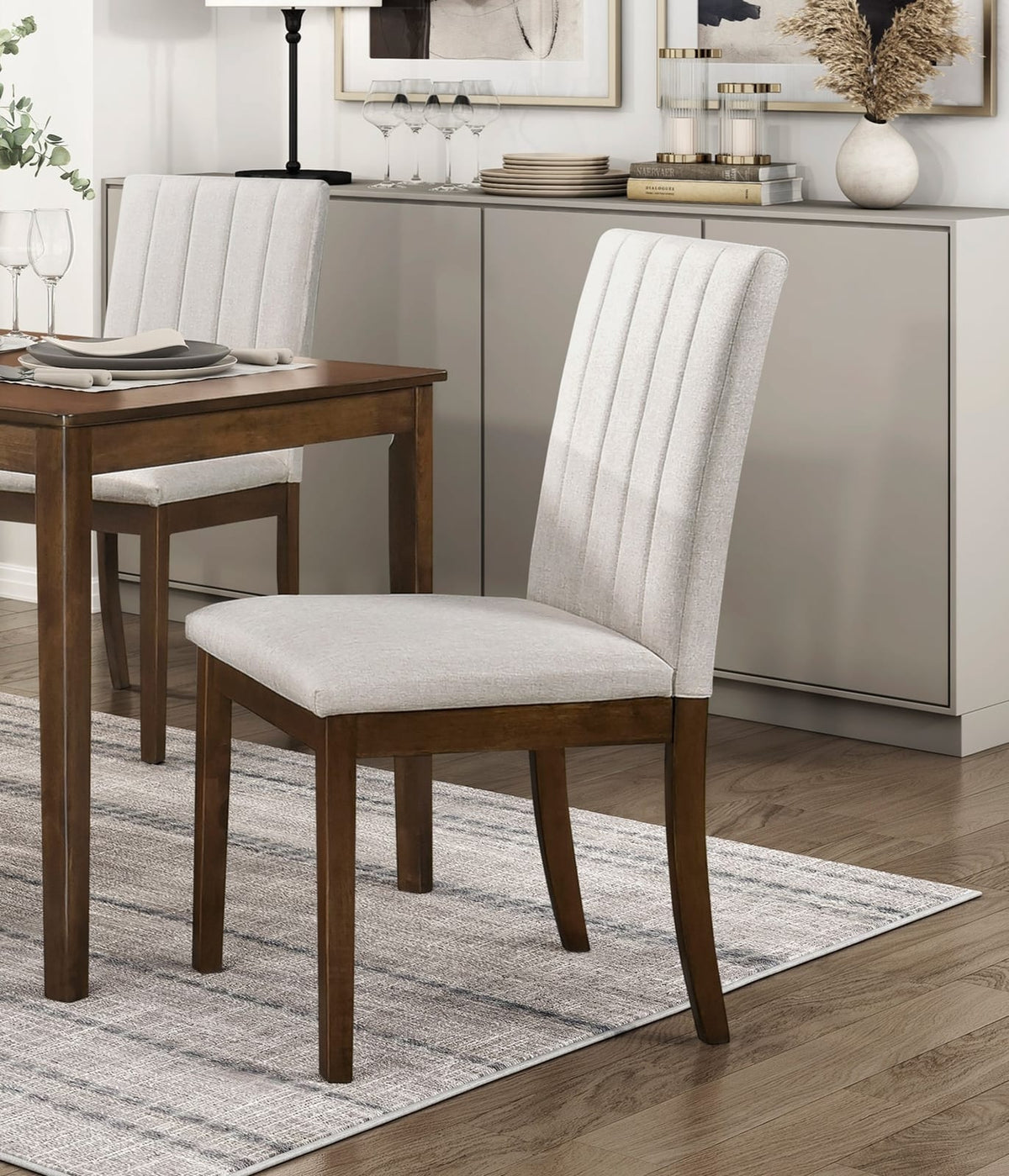 Brown Wood Dining Chairs Set of 2 with Beige Fabric Upholstery
