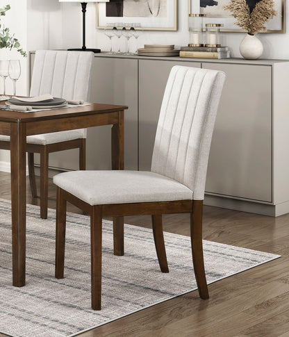 Brown Wood Dining Chairs Set of 2 with Beige Fabric Upholstery