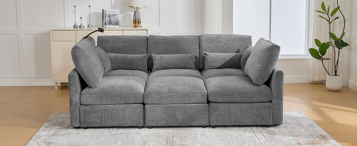 Grey Modular Sectional Sofa - 5 Seat Chenille Sofa Bed
