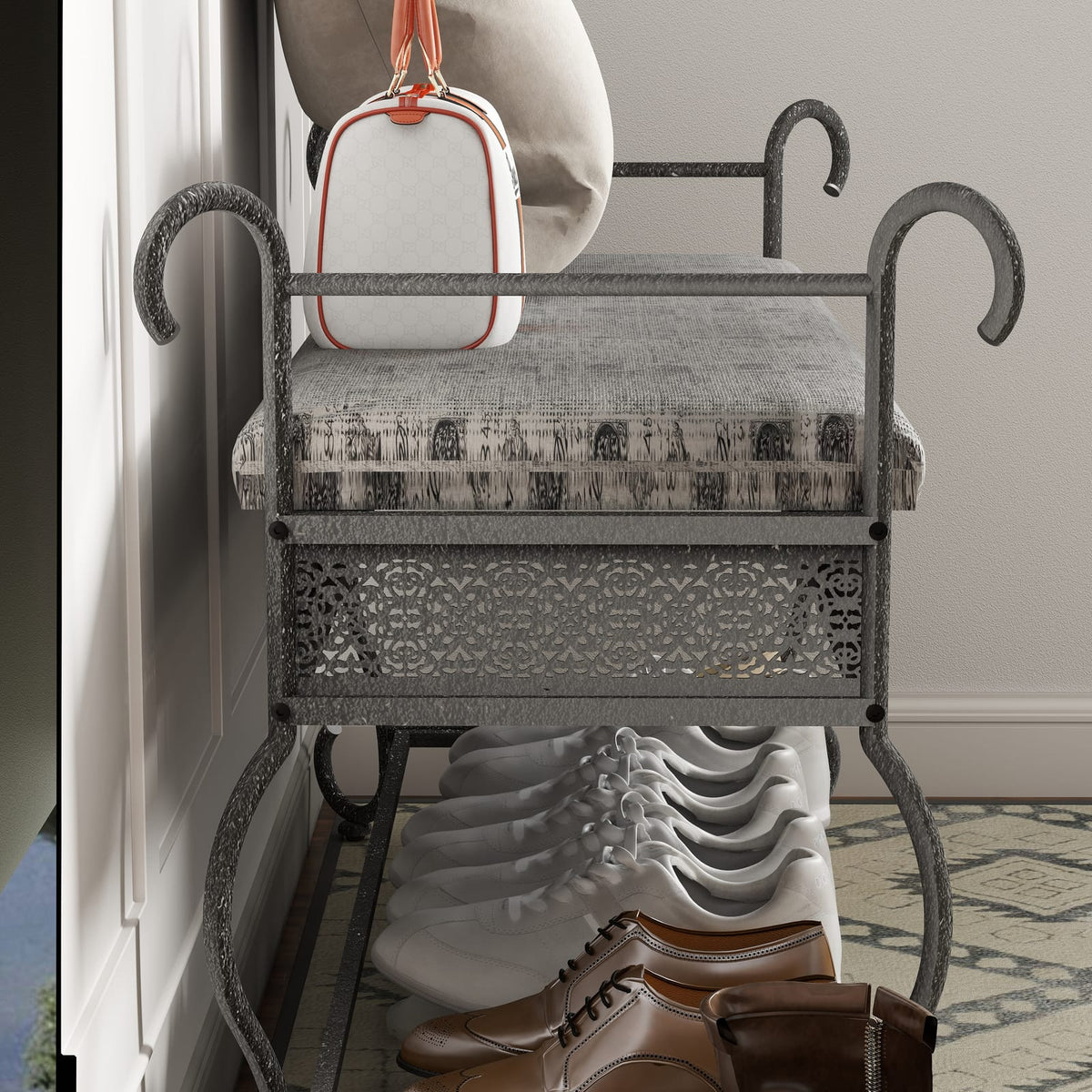 Black and Silver Upholstered Entryway Bench with Shoe Storage for Bedroom