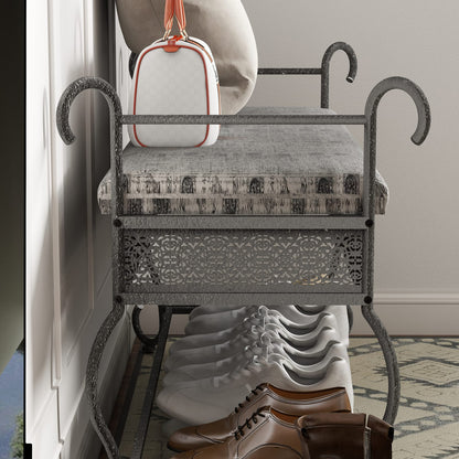 Black and Silver Upholstered Entryway Bench with Shoe Storage for Bedroom