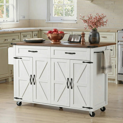 Large White Farmhouse Kitchen Island - Rectangular Island Cart with Power Outlets