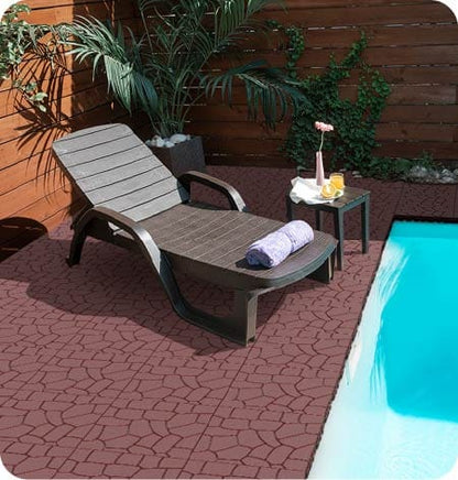 Red+Brown Stone Texture Patio Deck Tiles - 44 Piece DIY Flooring