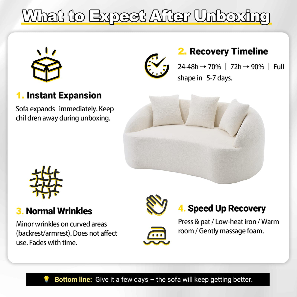Off White Chenille Loveseat - Compact Sofa with Foam & Pillows for Living Room