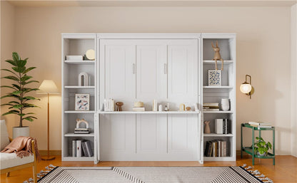 Queen Size Murphy Bed with Desk & Bookshelf - White for Bedroom