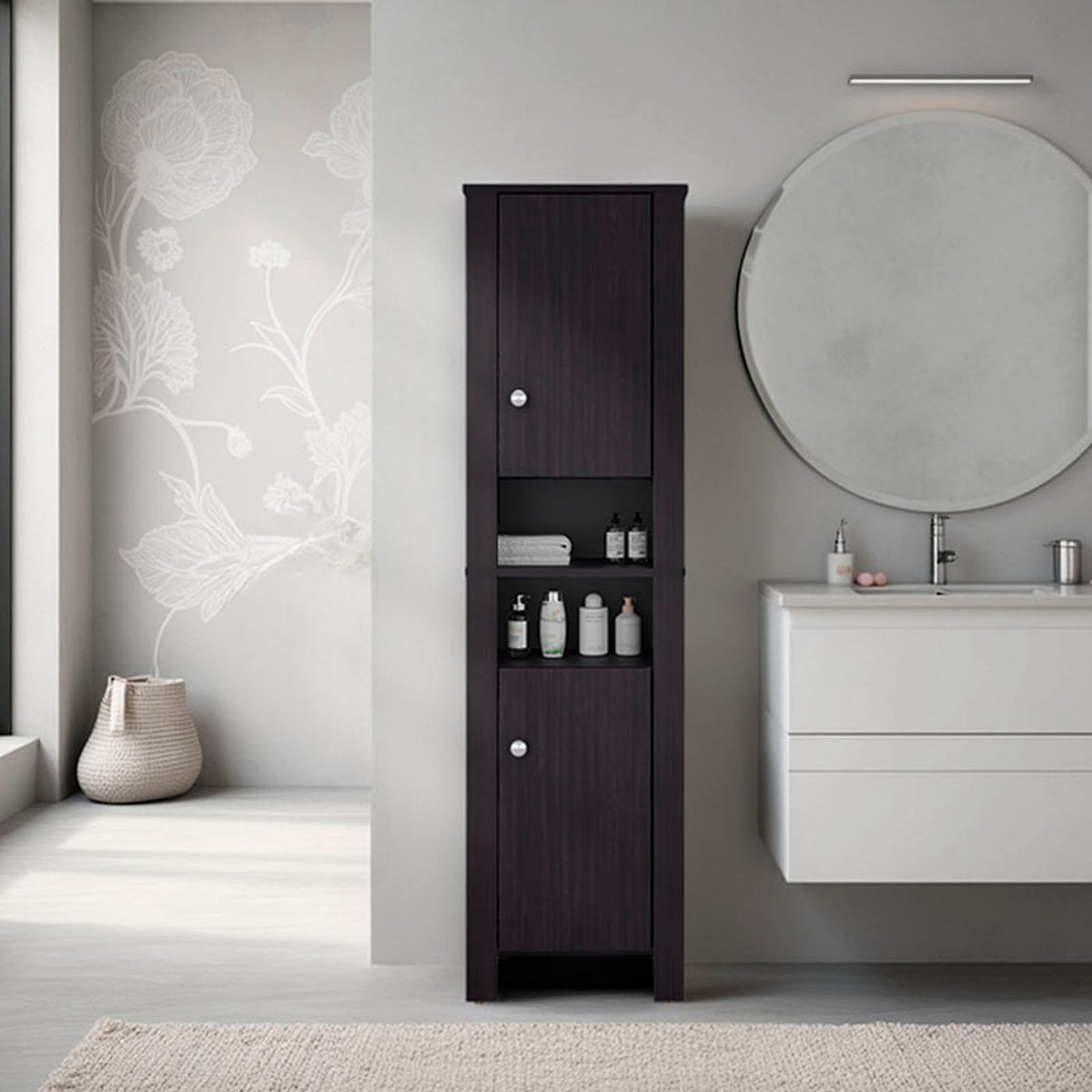 Wenge Bathroom Tall Cabinet Freestanding Storage