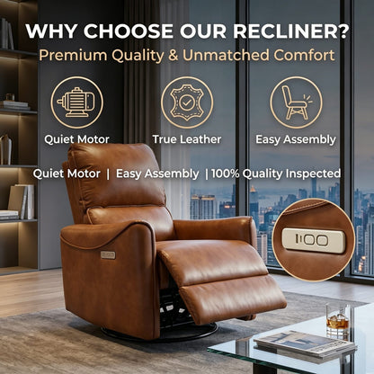 Brown Leather Recliner - Comfortable Electric Rocker Swivel