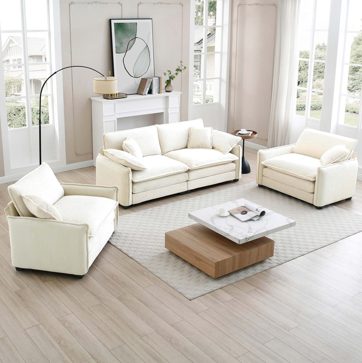 4 Seat Corduroy Sofa Beige - Retro Style Sofa Set for Living Room
