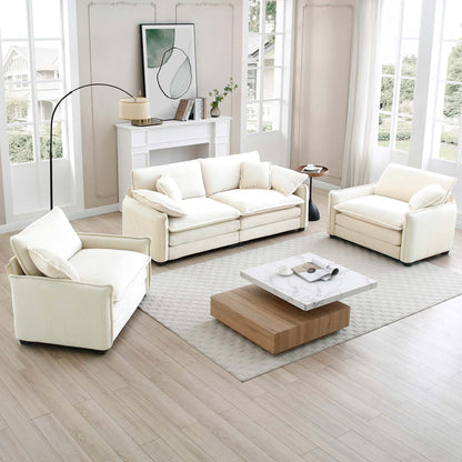 4 Seat Corduroy Sofa Beige - Retro Style Sofa Set for Living Room