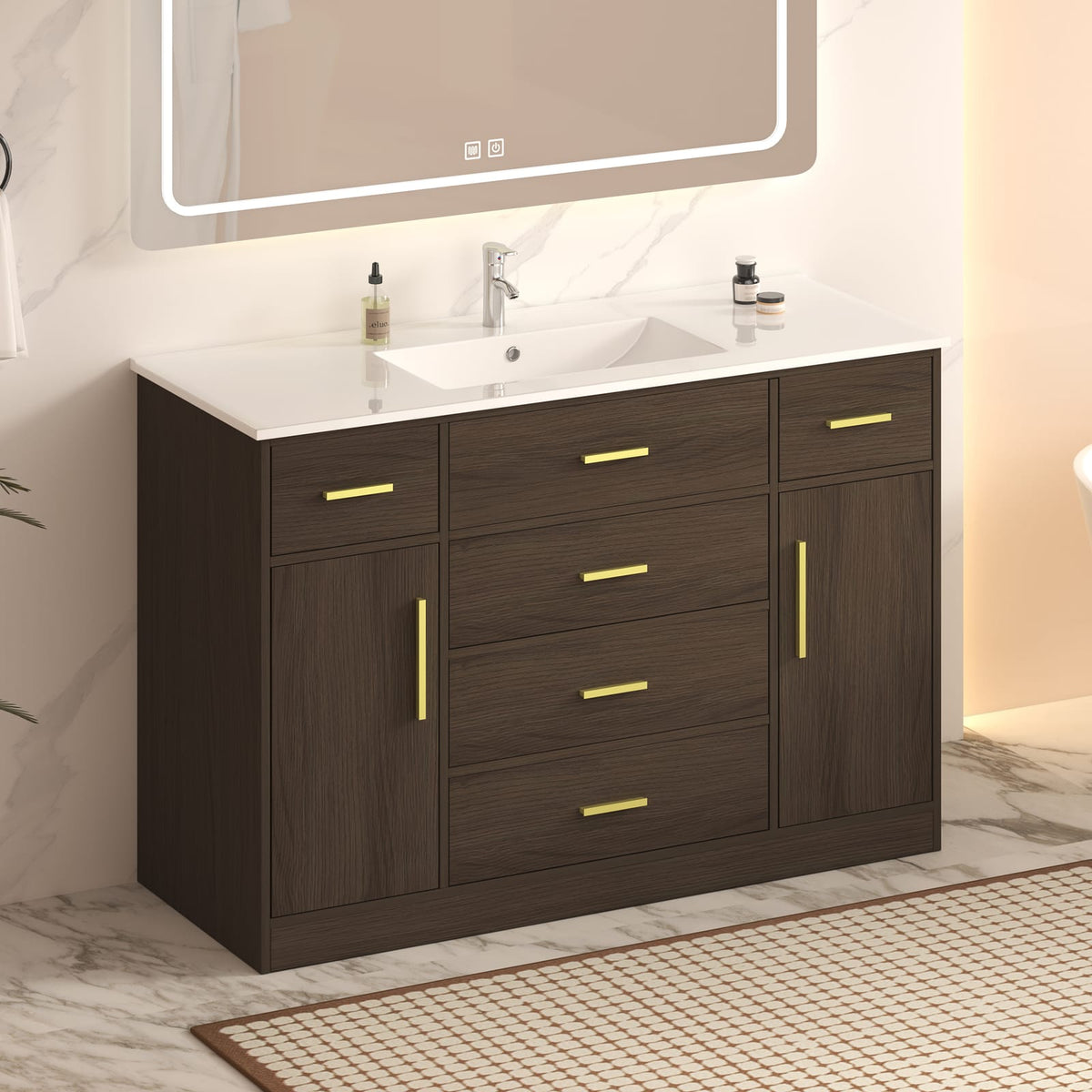 48" Dark Brown Bathroom Vanity - Storage Cabinet with Soft-Close Doors