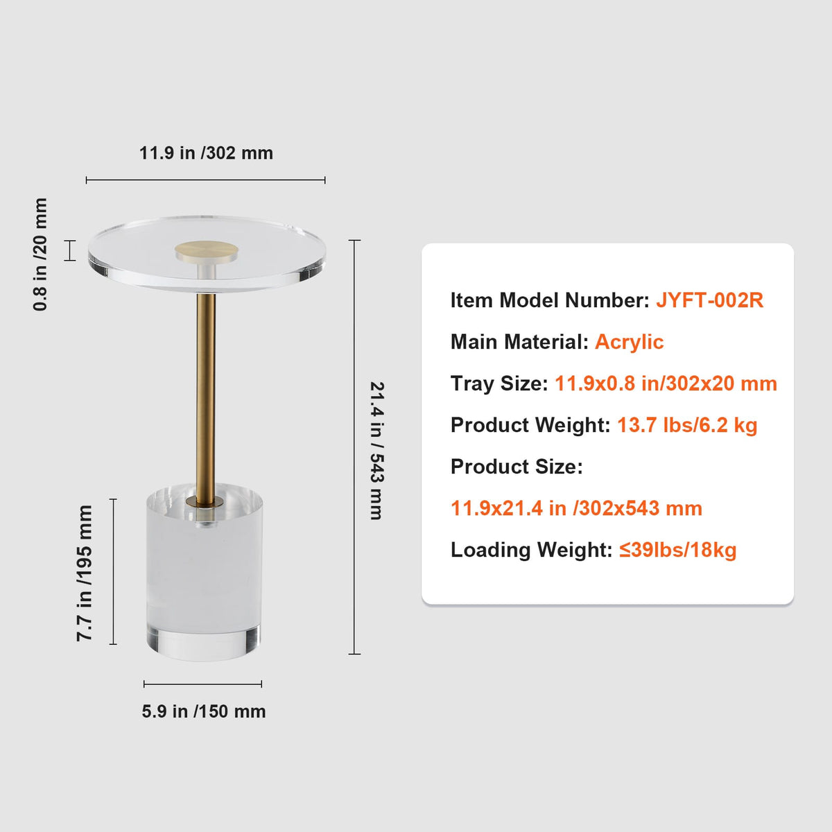 Clear Acrylic End Table - Gold & Clear, 11.9" Round for Living Room