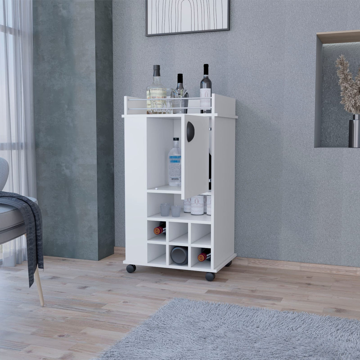 Farson Bar Cart - White, Freestanding with Wine Racks & Shelves