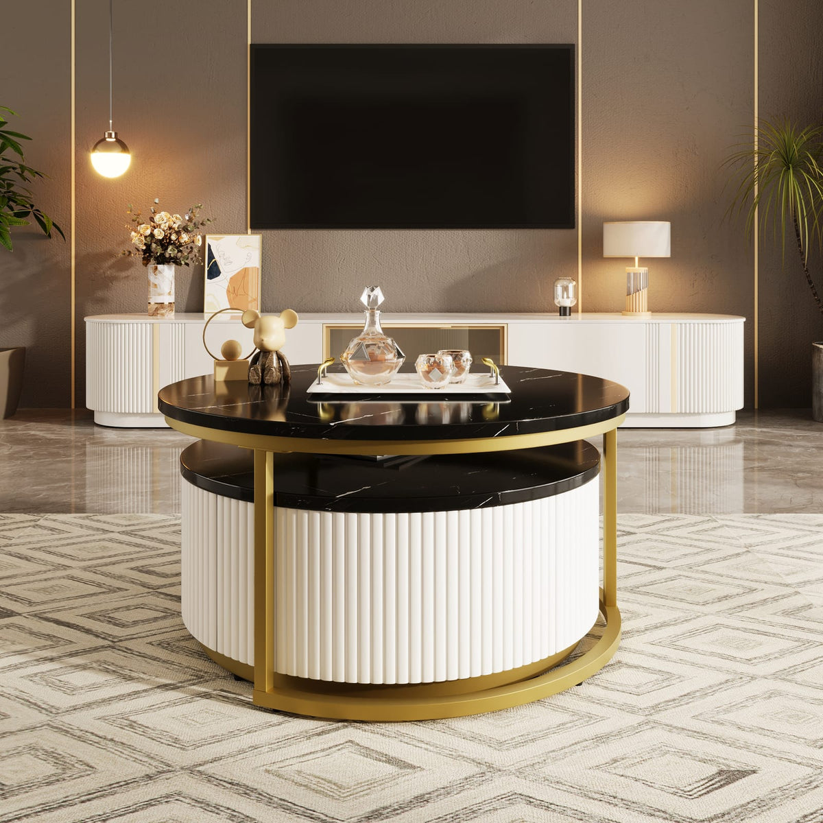 Modern Round Nesting Coffee Table - Golden Black & White