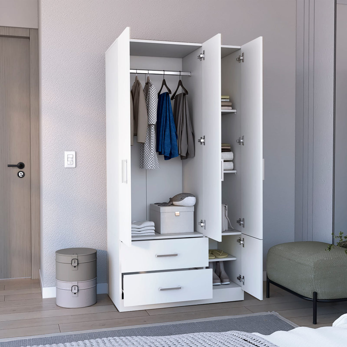 71" White Wardrobe with Hanging Rail & 6 Shelves for Bedroom