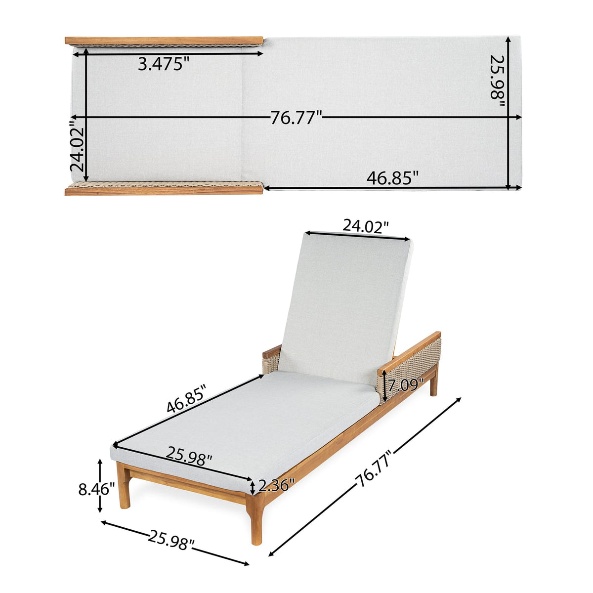 Light Grey & Natural Acacia Wood Chaise Lounge - 76.8" Outdoor Patio Seating