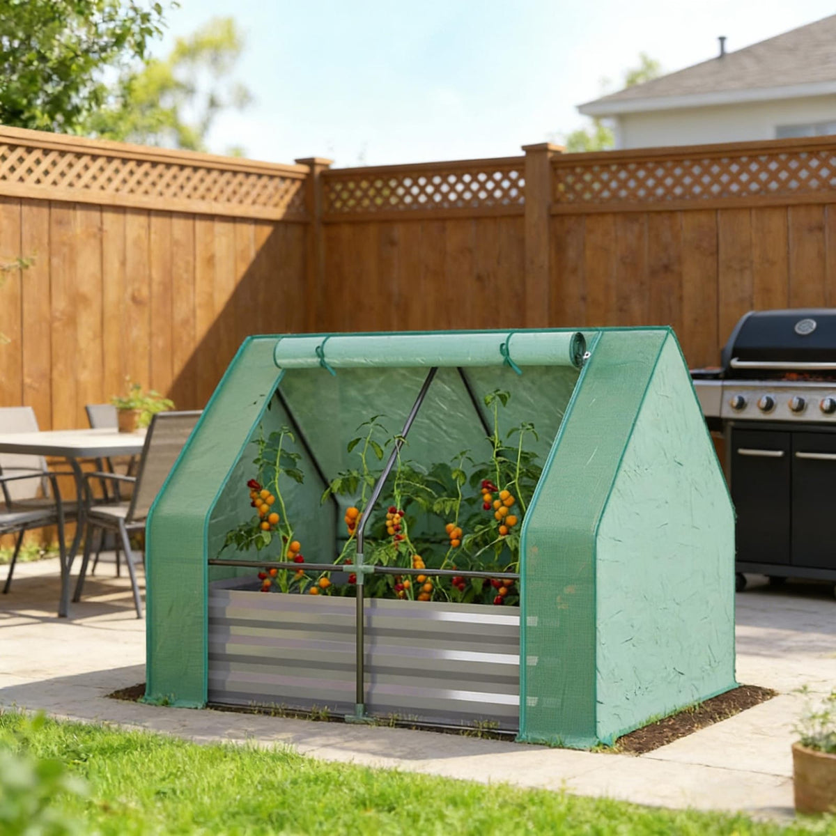 Dark Gray Green Raised Garden Bed with Greenhouse Cover