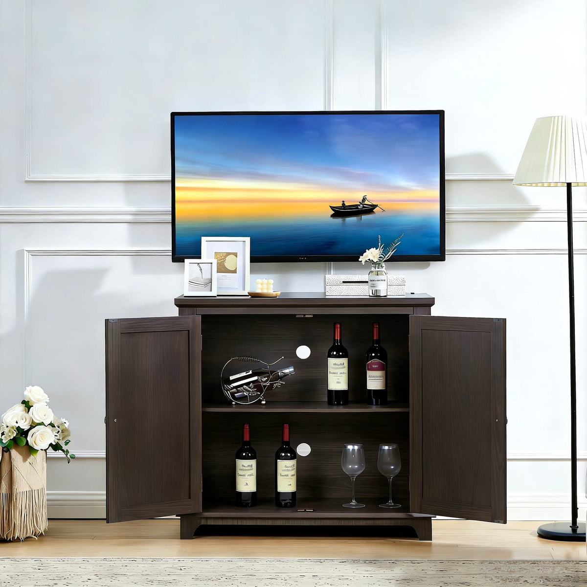 Dark Brown MDF Sideboard Buffet with Mirrored Doors & Adjustable Shelves