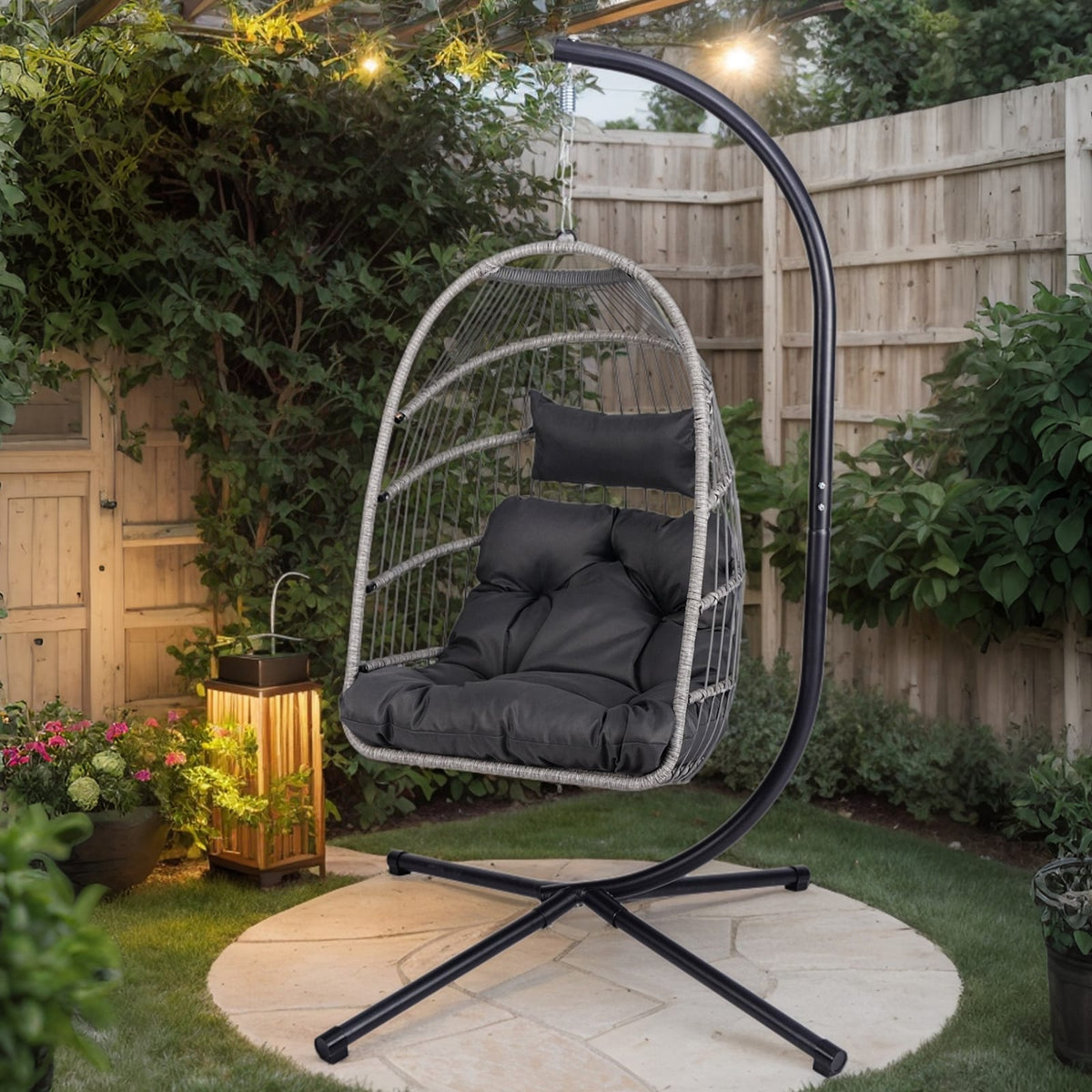 Black Gray Outdoor Hanging Egg Chair with Stand - Patio Swing