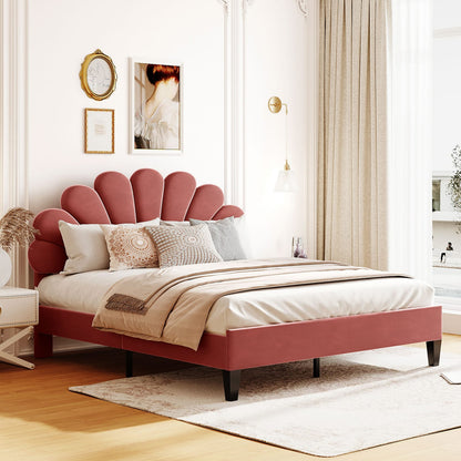 Queen Upholstered Platform Bed - Bean Paste Red Velvet Headboard for Bedroom