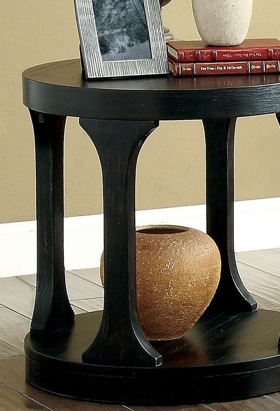 Antique Black Round End Table - 22" Storage Shelf for Living Room