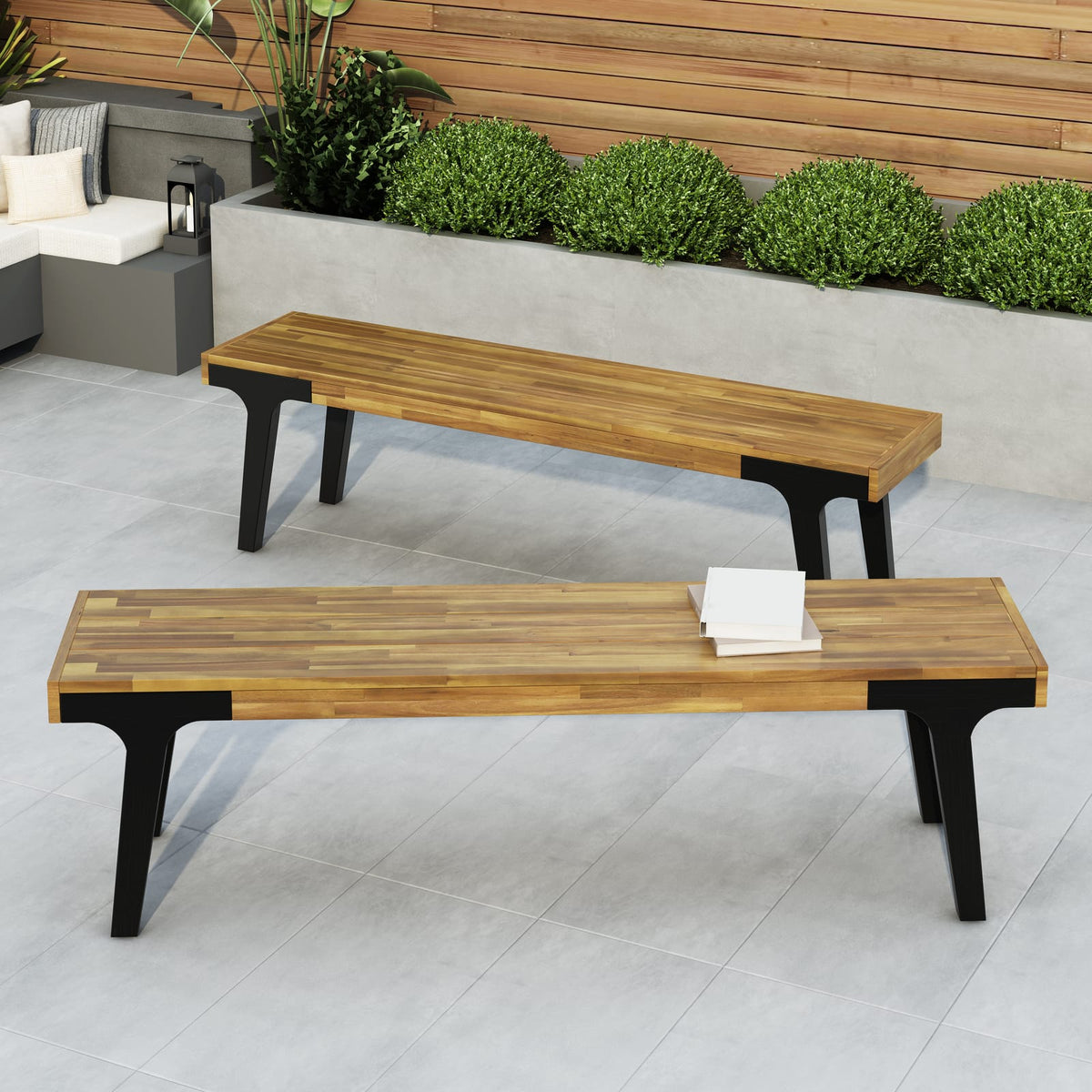 Teak Wood Bench Set of 2 - Patio Dining Seating