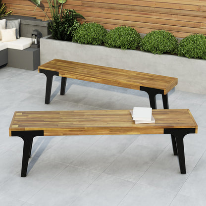 Teak Wood Bench Set of 2 - Patio Dining Seating