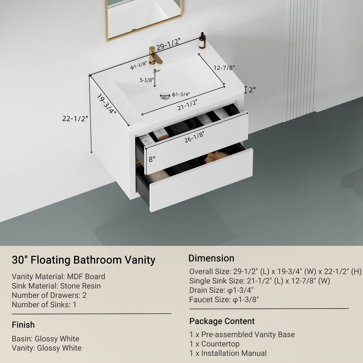 Glossy White Bathroom Vanity with Sink - 29.5" Storage Cabinet