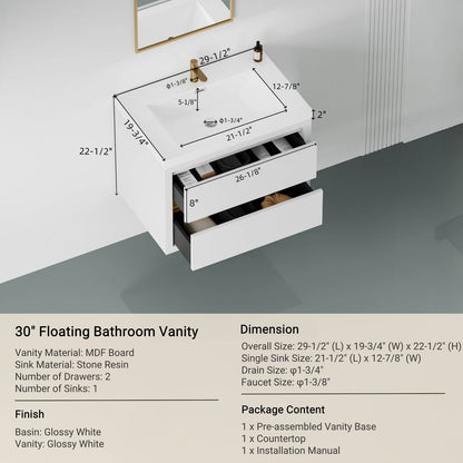 Glossy White Bathroom Vanity with Sink - 29.5" Storage Cabinet