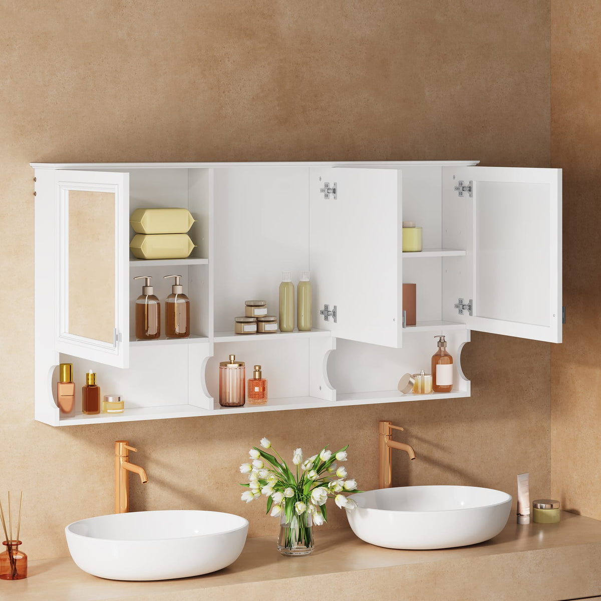White Bathroom Storage Cabinet Mirror - 55 Inch Wall Mounted Medicine Cabinet