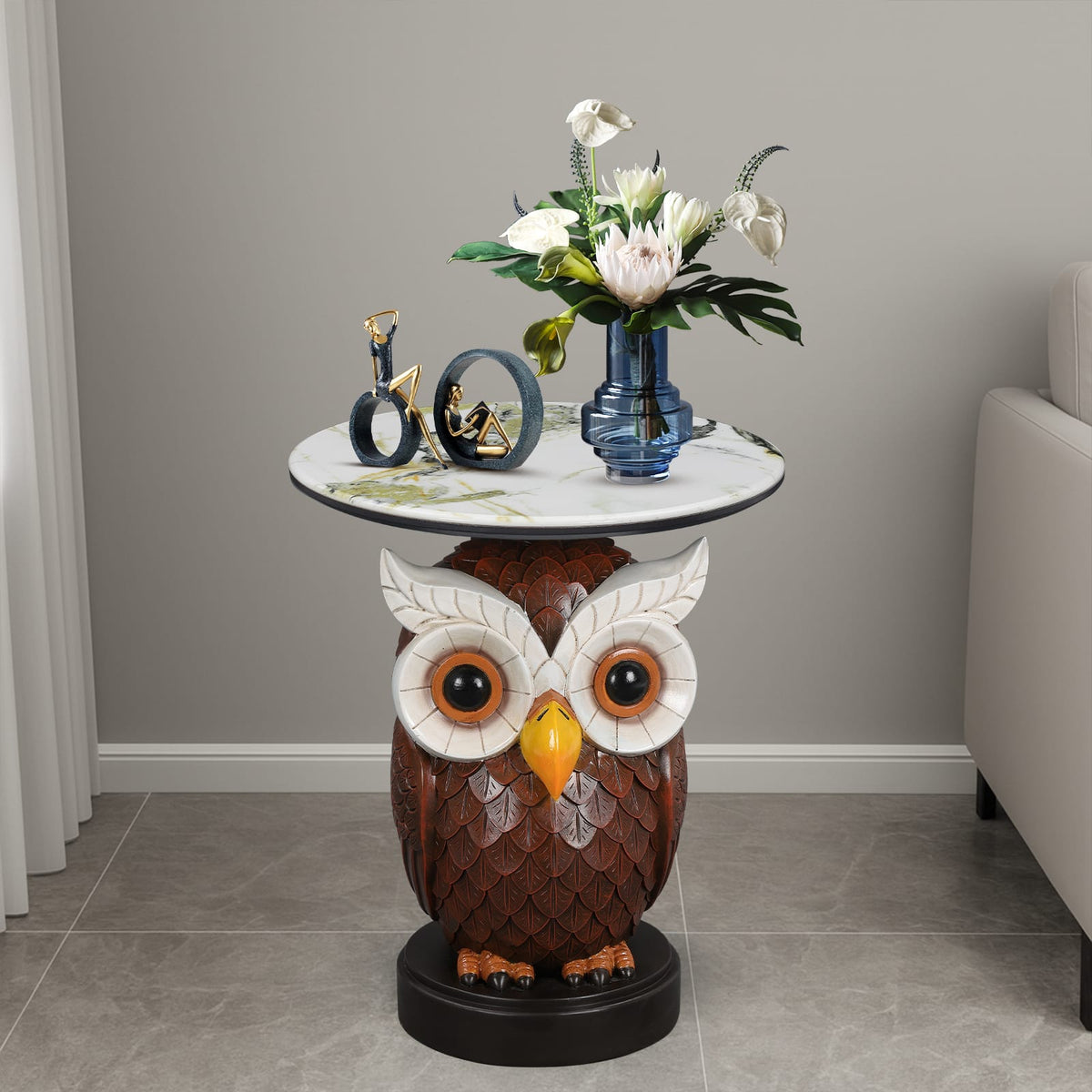 Brown & Antique White Resin Owl Table - Bedroom Accent
