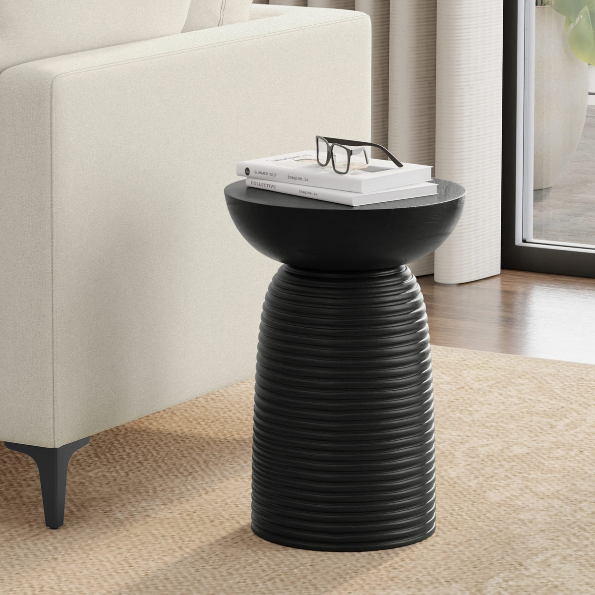 Boyd 13 Inch Ribbed Accent Table - Black Wood for Living Room