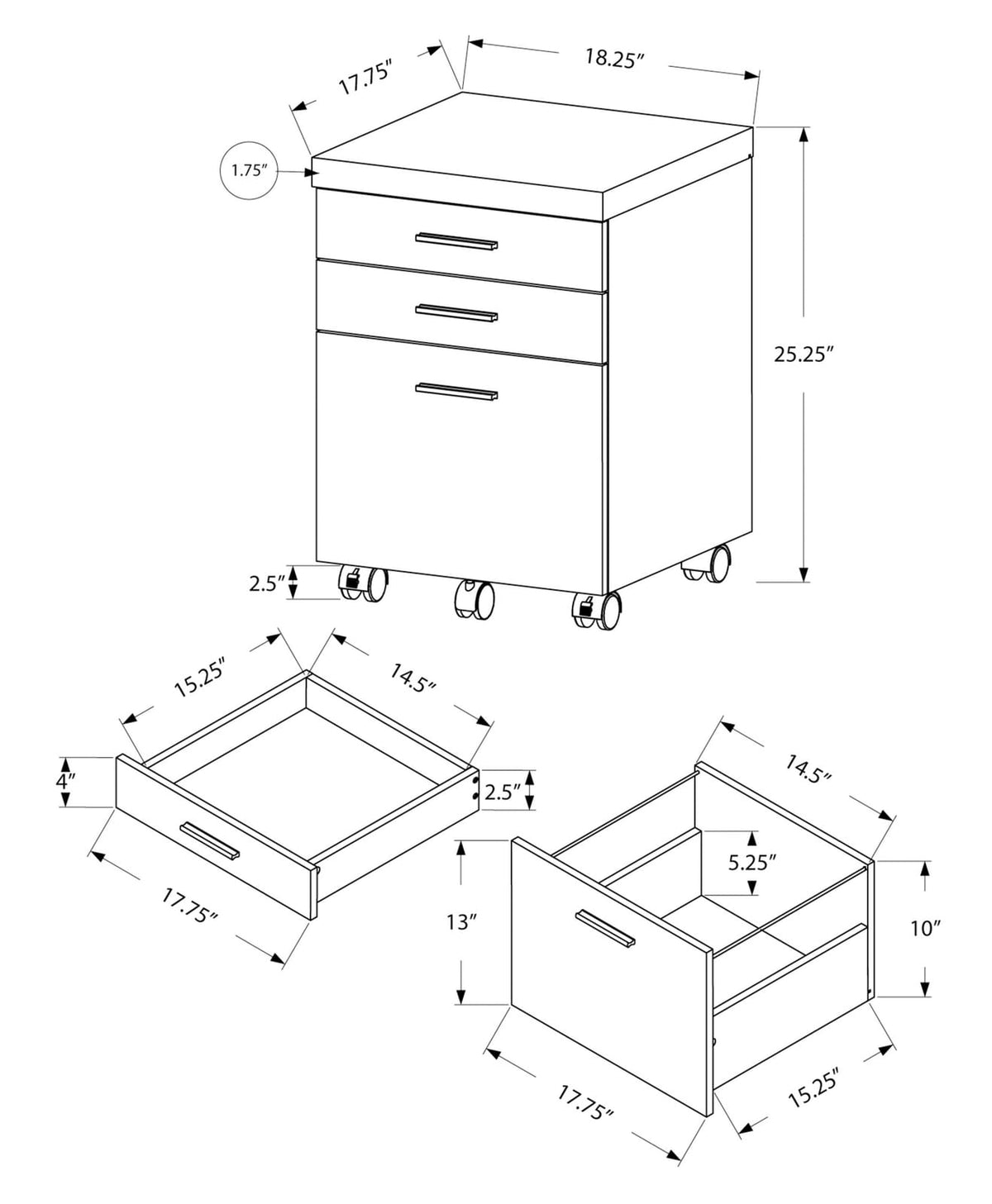 Home Office Grey Particle Board File Cabinet with Rolling Casters for Office Storage