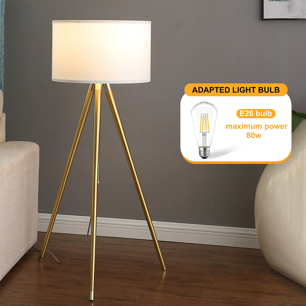 64" Adjustable Height Tripod Floor Lamp - Gold+White