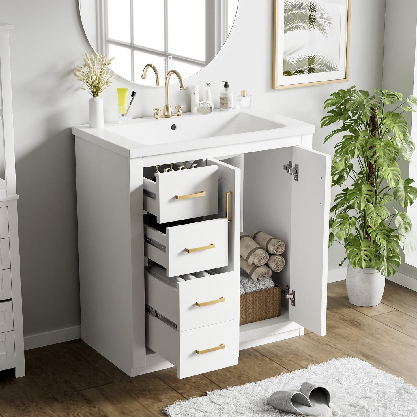 30 Inch White Bathroom Vanity with Ceramic Sink Storage