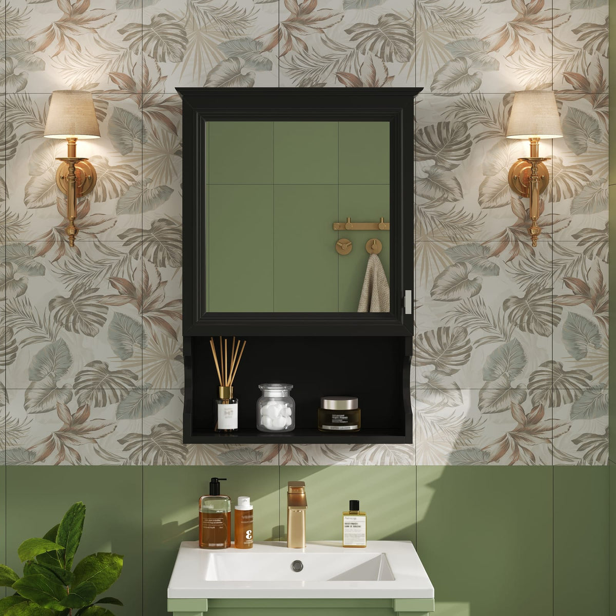 Modern Black Wall Mounted Bathroom Mirror Cabinet with Adjustable Shelves
