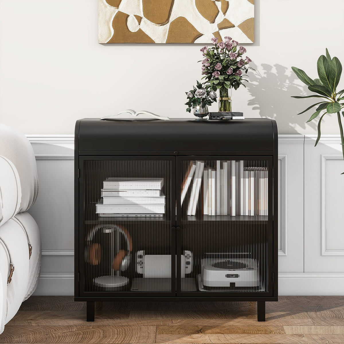 Antique Black Sideboard Buffet Cabinet - Steel & Glass Storage
