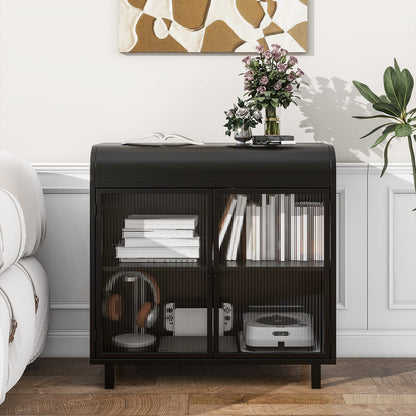 Antique Black Sideboard Buffet Cabinet - Steel & Glass Storage