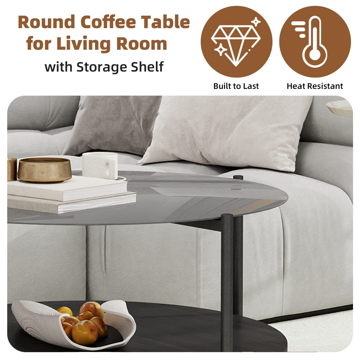 Black Oval Coffee Table with Glass Top & Wooden Shelf