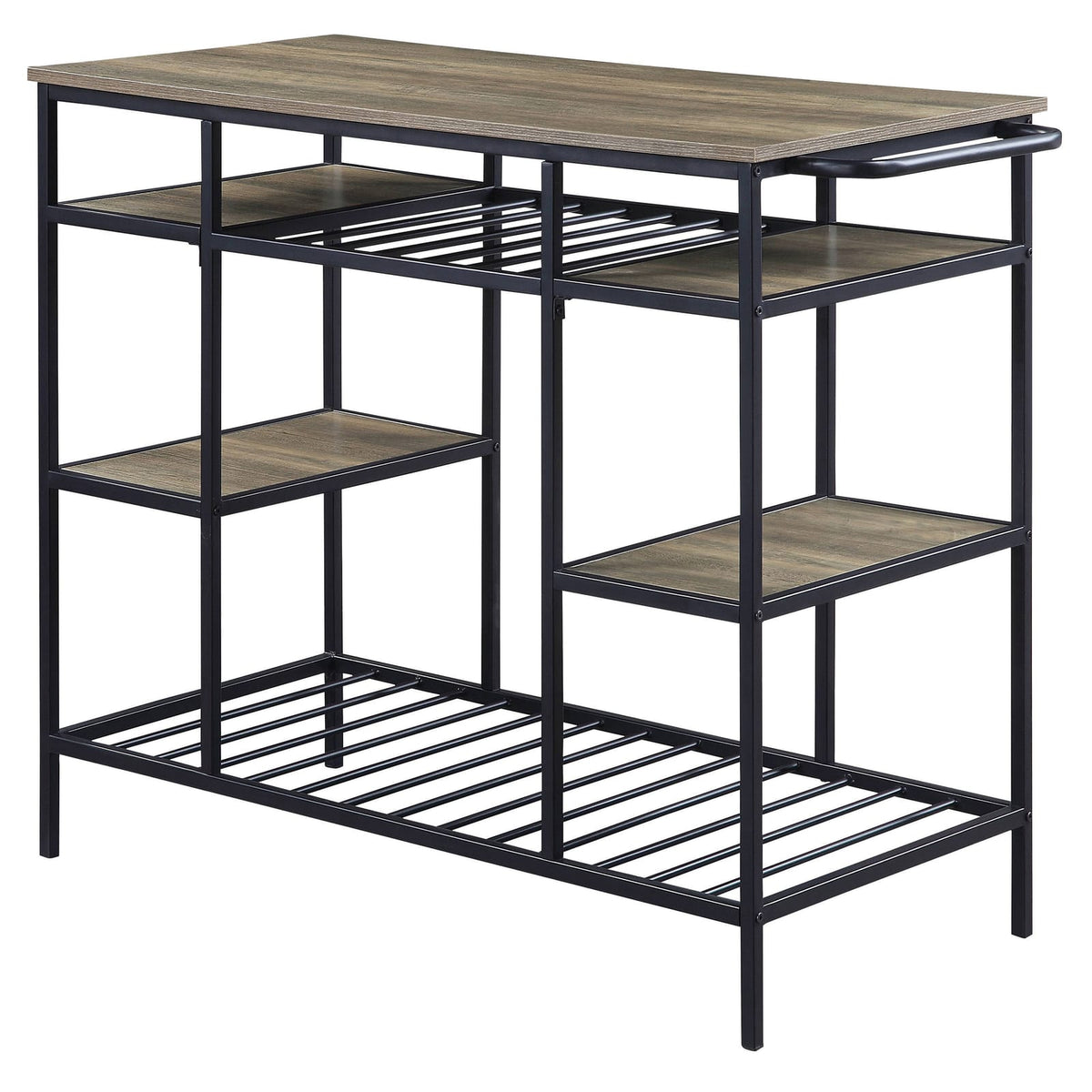 Rustic Oak & Black Kitchen Island - Open Shelving Storage