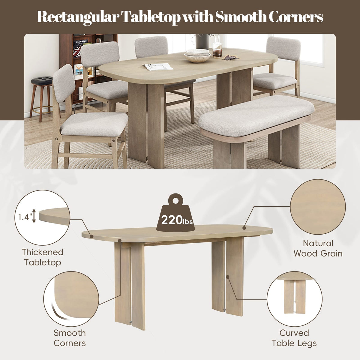 TOPMAX Solid Wood Dining Table Set - 6 Piece Farmhouse Style