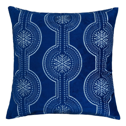 Blue Velvet Throw Pillow with Snowflake Embroidery - 20x20
